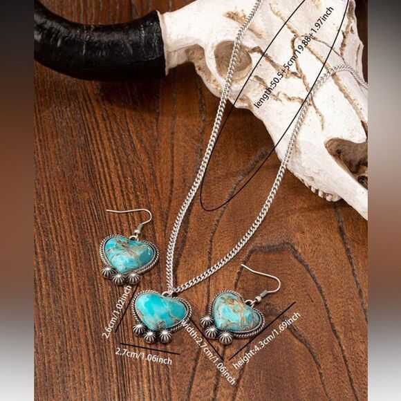 3 Pcs Fake Blue Turquoise Stone Decor heart Pendant Necklace Earring Jewelry Set - Picture 3 of 9